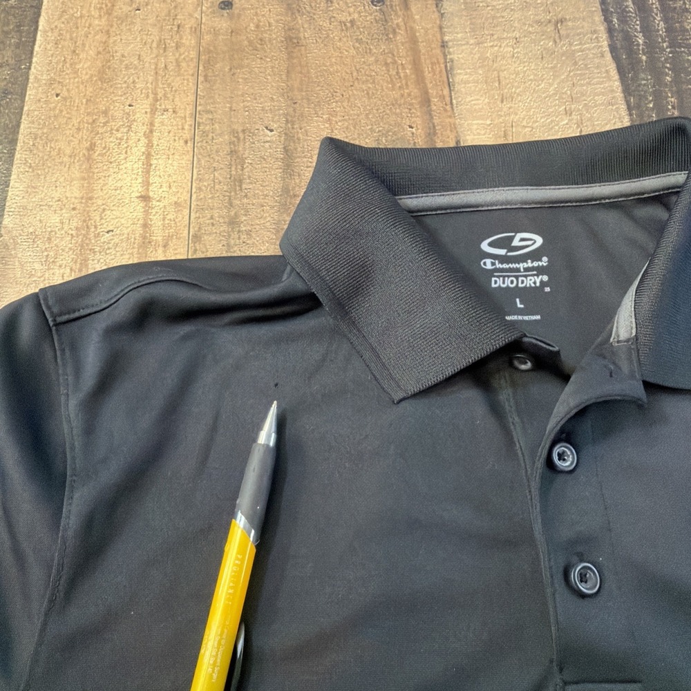 Champion Short Sleeve Polo‎ Shirt Men's Size  Large Black Button Collar - Picture 15 of 16